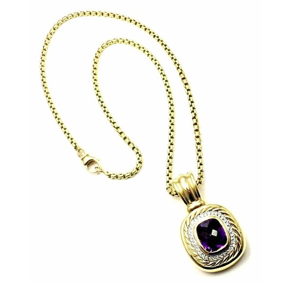 David Yurman Cable 18k Yellow Gold Amethyst Diamond Large Pendant Chain Necklace - Picture 2 of 9